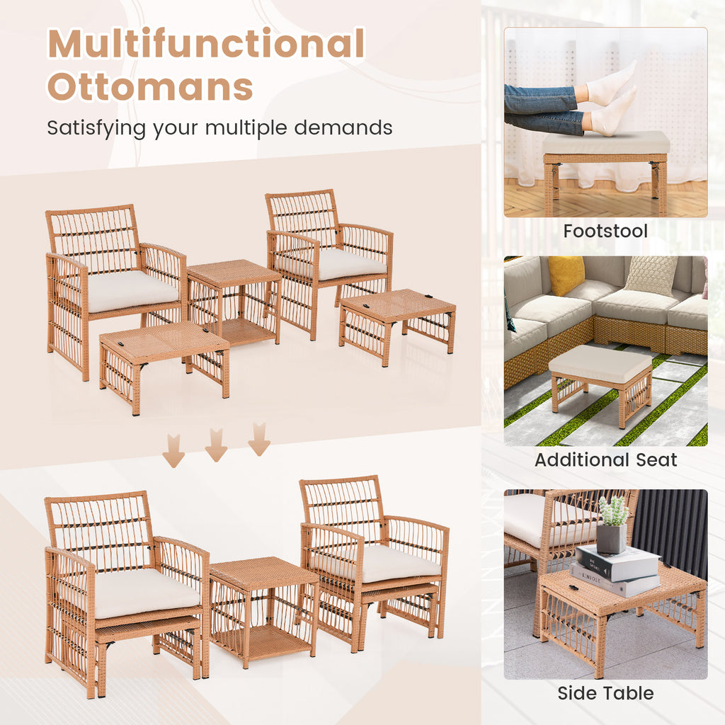 5 Piece Patio Wicker Sofa Set with Seat and Back Cushions