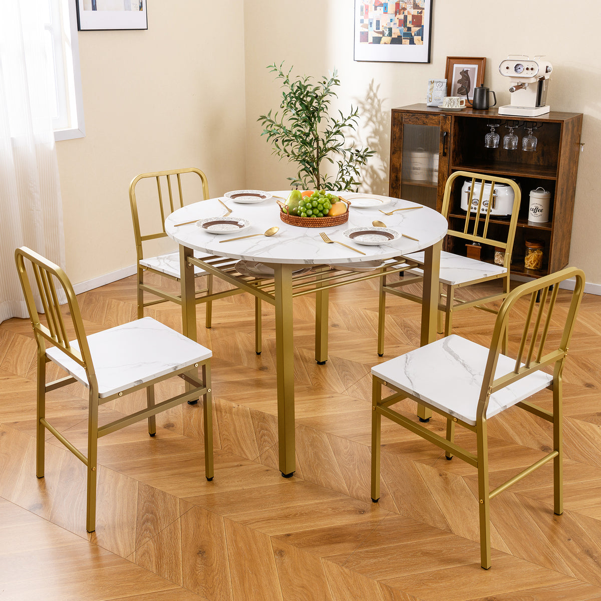 5-Piece Round Dining Table Set with Storage Shelf - White