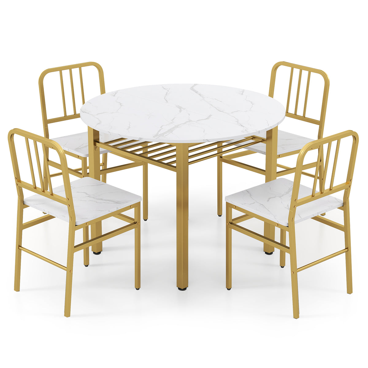 5-Piece Round Dining Table Set with Storage Shelf - White