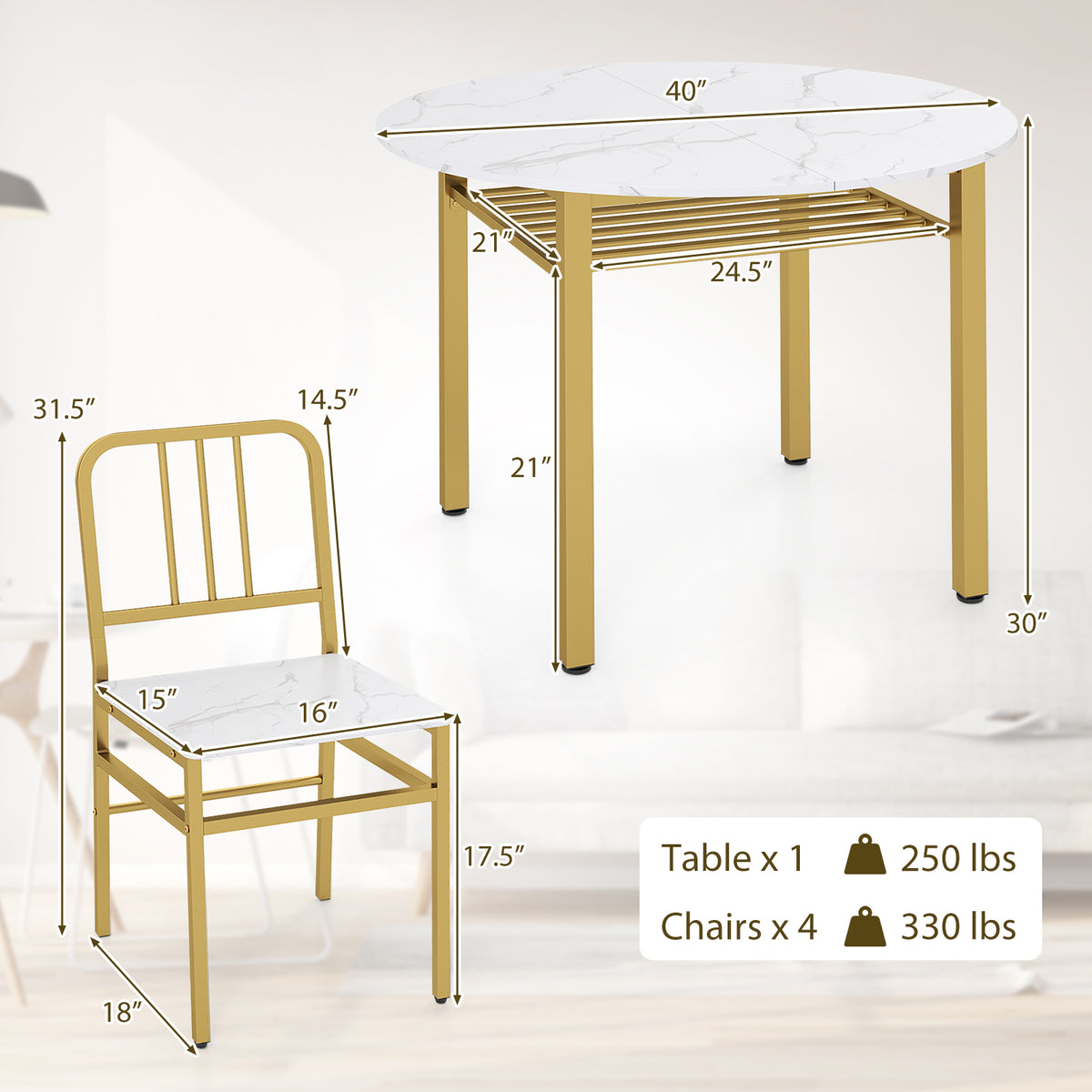 5-Piece Round Dining Table Set with Storage Shelf - White