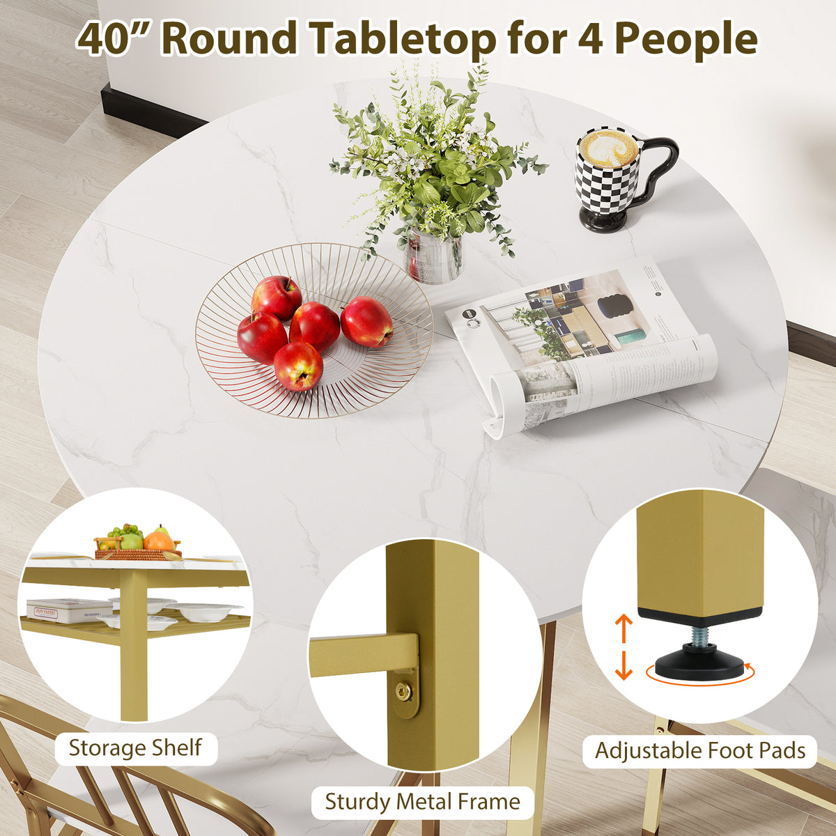 5-Piece Round Dining Table Set with Storage Shelf - White