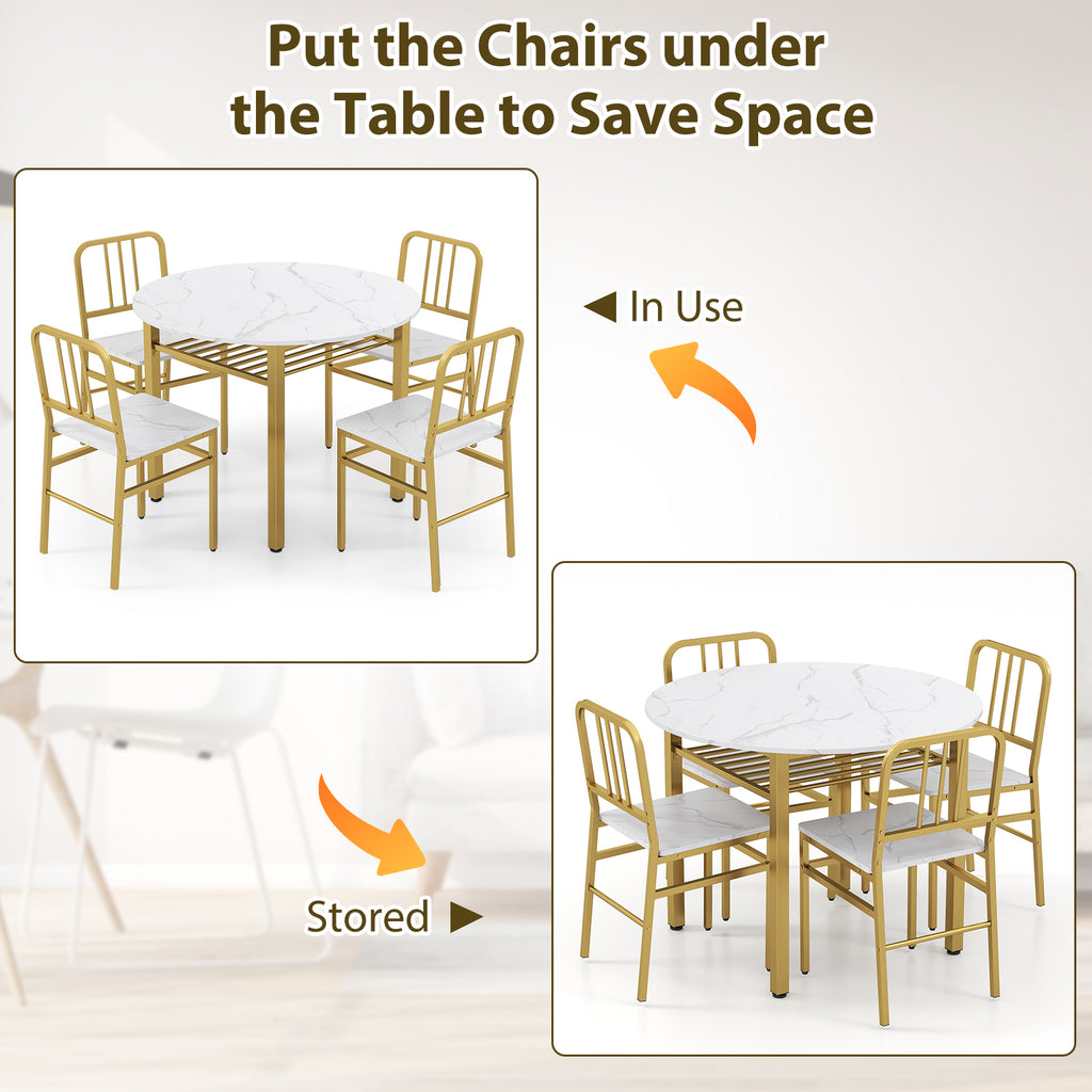 5-Piece Round Dining Table Set with Storage Shelf - White