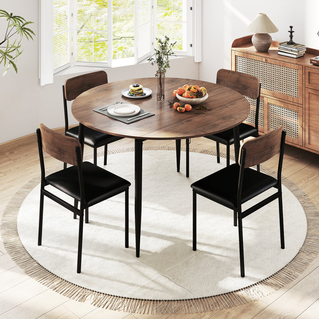 5-Piece Round Dining Table Set with Drop Leaf & Upholstered Chairs – Brown