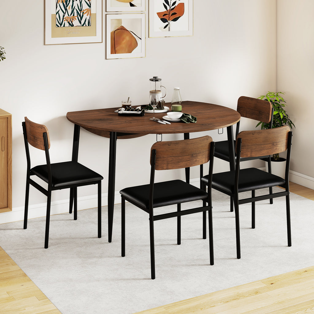 5-Piece Round Dining Table Set with Drop Leaf & Upholstered Chairs – Brown