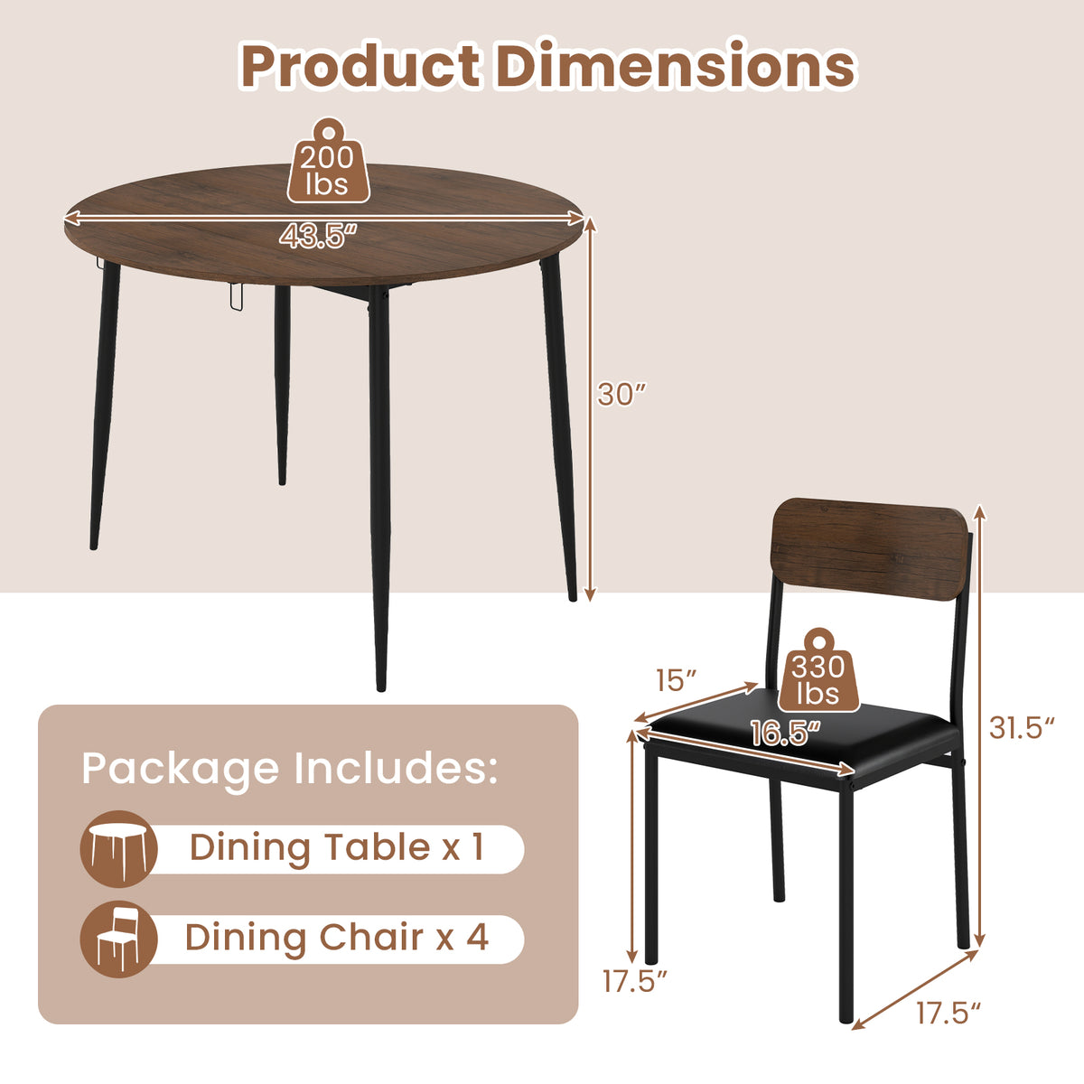 5-Piece Round Dining Table Set with Drop Leaf & Upholstered Chairs – Brown