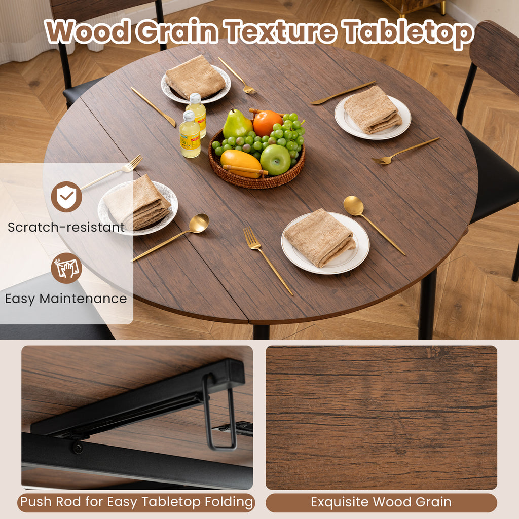 5-Piece Round Dining Table Set with Drop Leaf & Upholstered Chairs – Brown