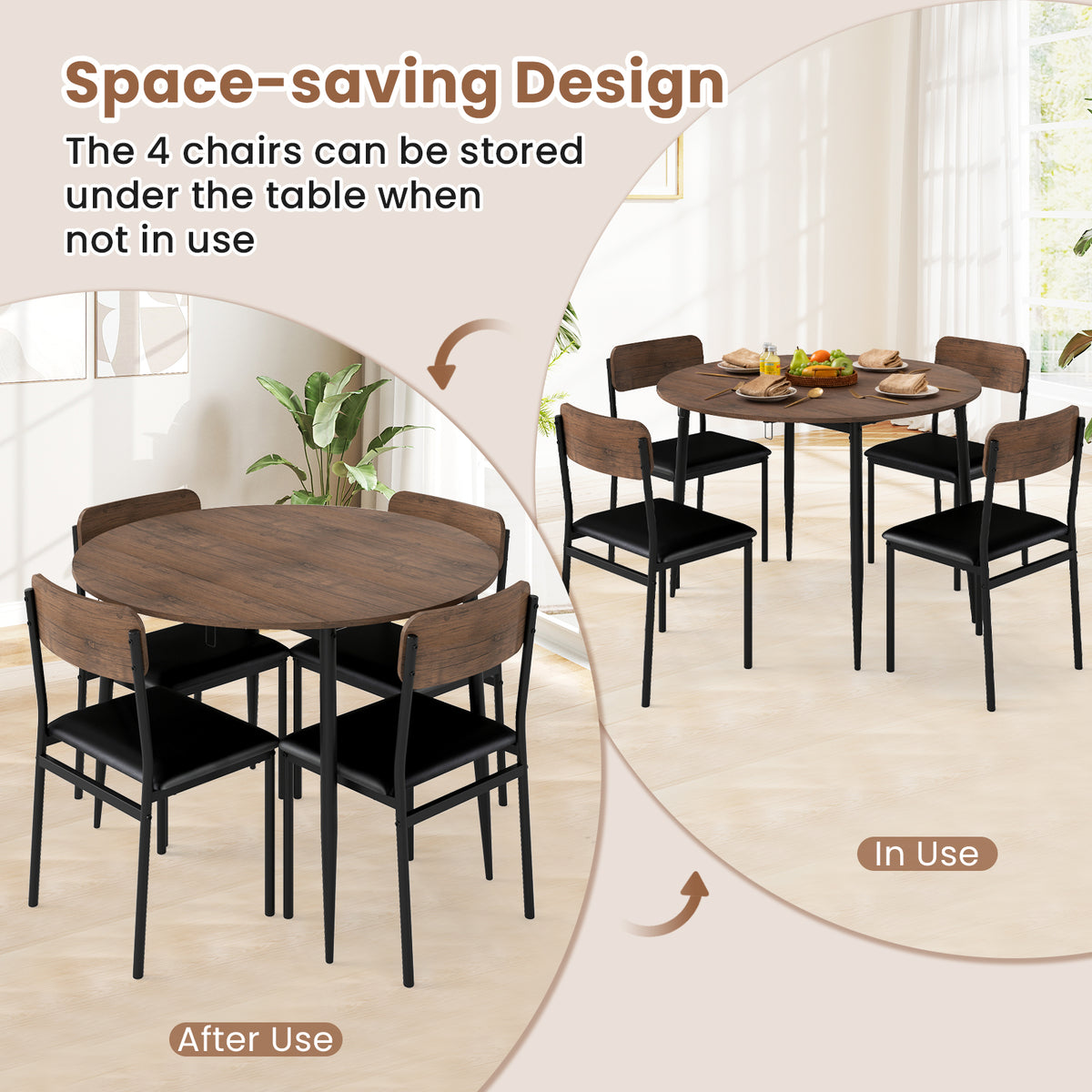 5-Piece Round Dining Table Set with Drop Leaf & Upholstered Chairs – Brown