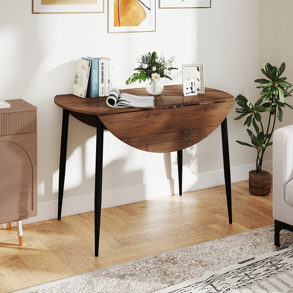 5-Piece Round Dining Table Set with Drop Leaf & Upholstered Chairs – Brown