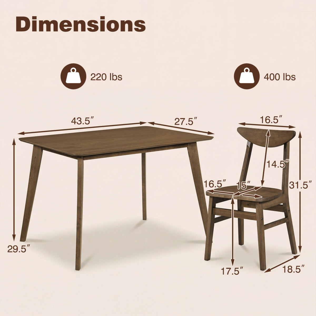 5-Piece Solid Wood Dining Set with Walnut Chairs