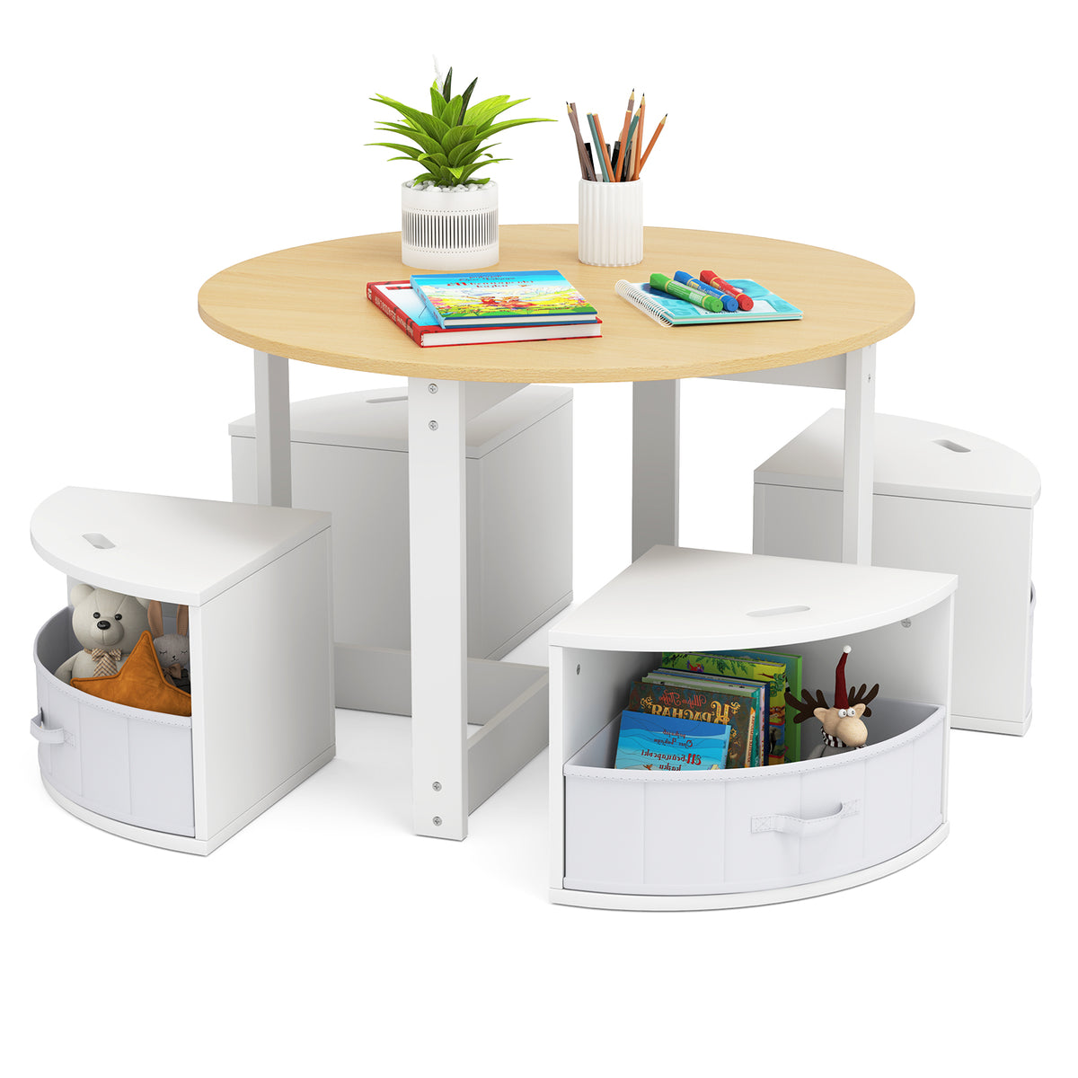 Natural Round Nesting Table with 4 Storage Stools - Toddler Activity Set