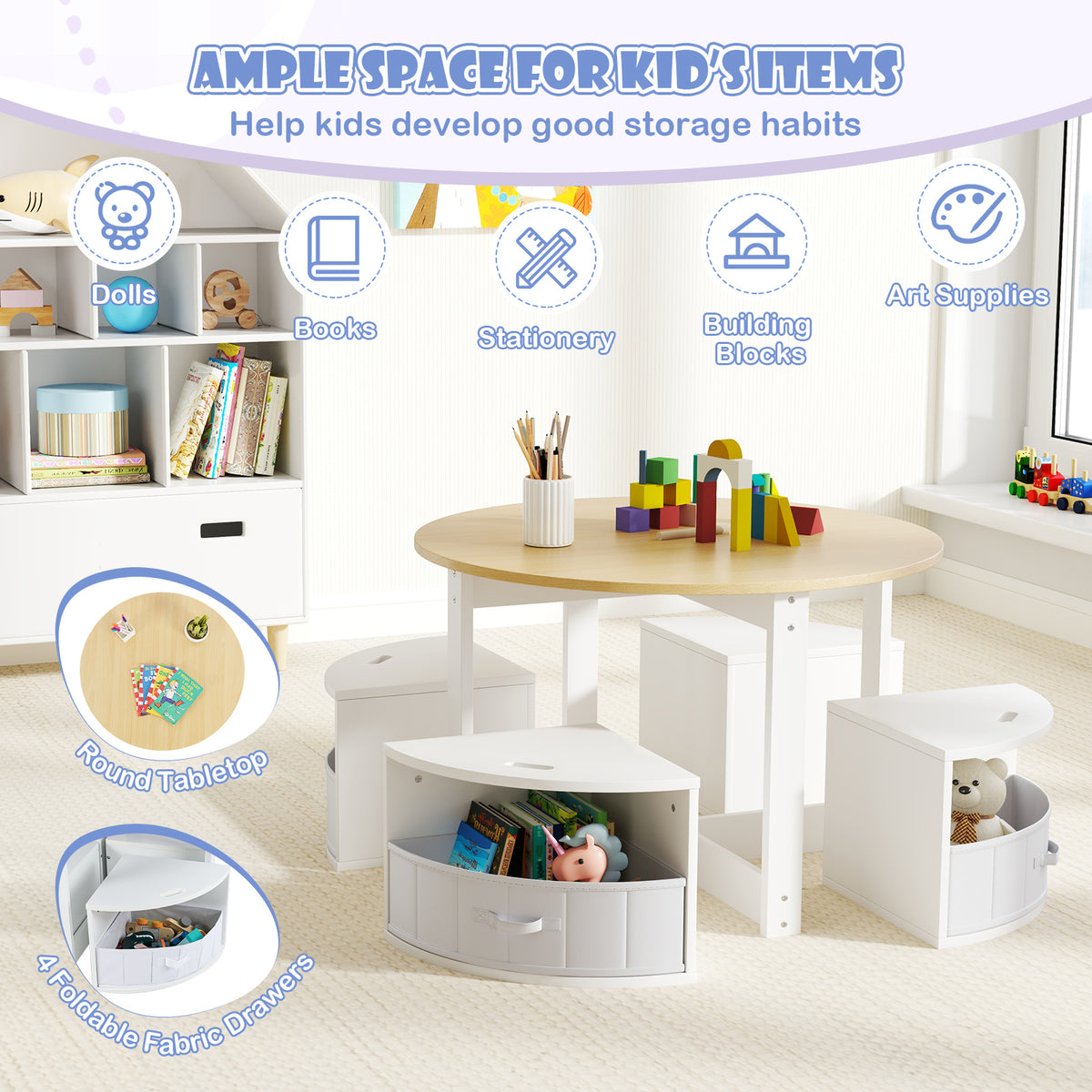 Natural Round Nesting Table with 4 Storage Stools - Toddler Activity Set