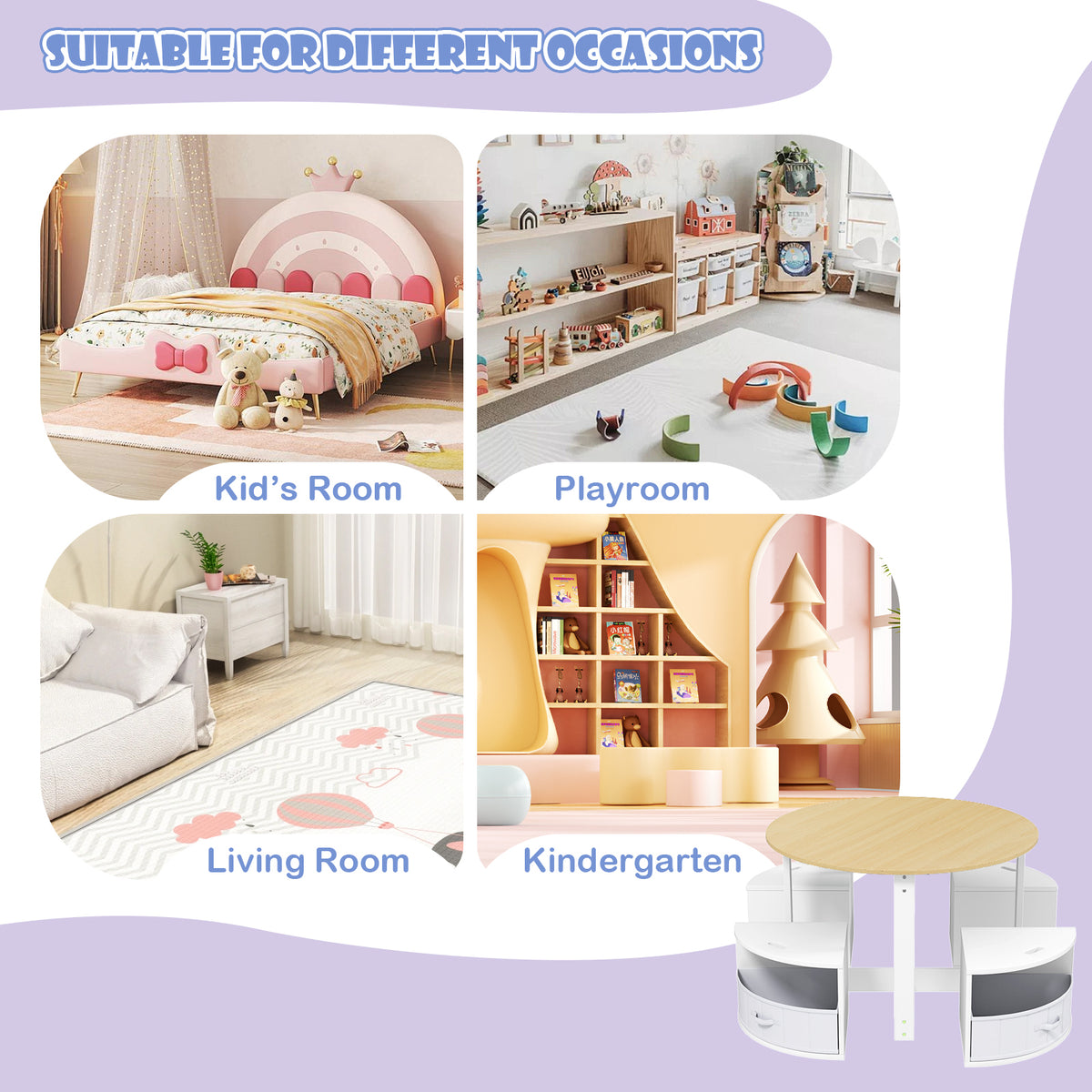 Natural Round Nesting Table with 4 Storage Stools - Toddler Activity Set