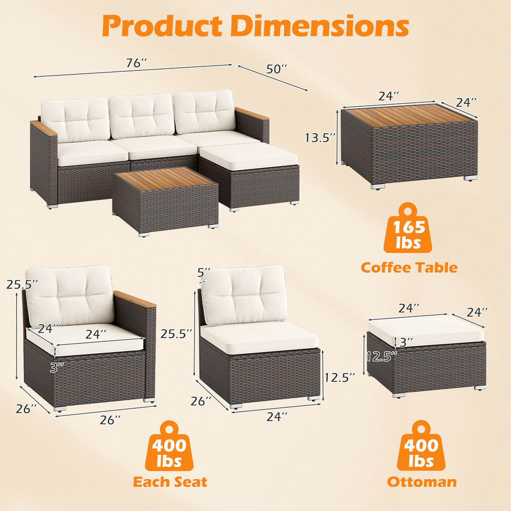 5-Piece Wicker Conversation Set Rattan with Cushions and Coffee Table
