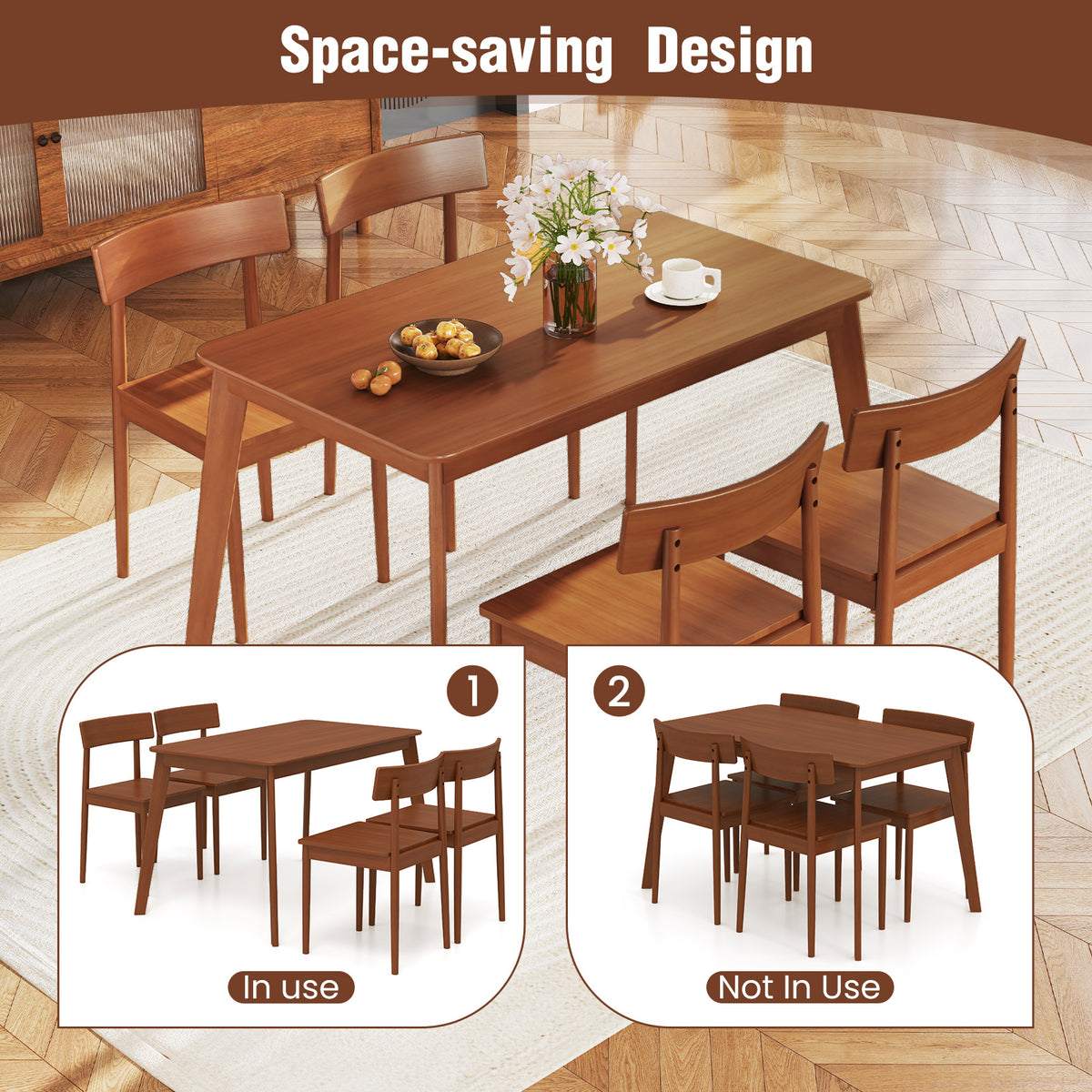 5-Piece Wood Dining Table Set with 4 Chairs - Walnut