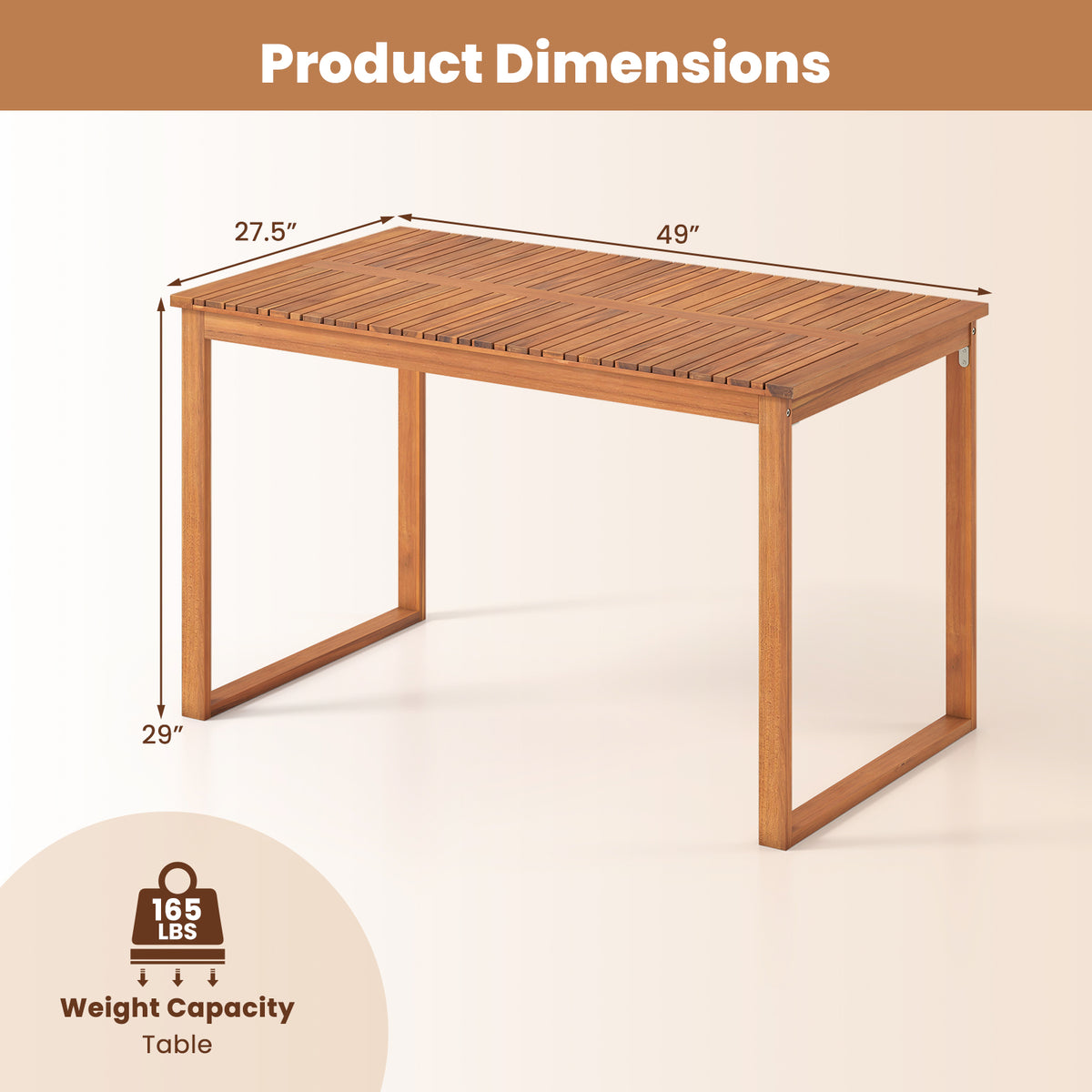 Acacia Wood Outdoor Dining Table 49" × 27.5"