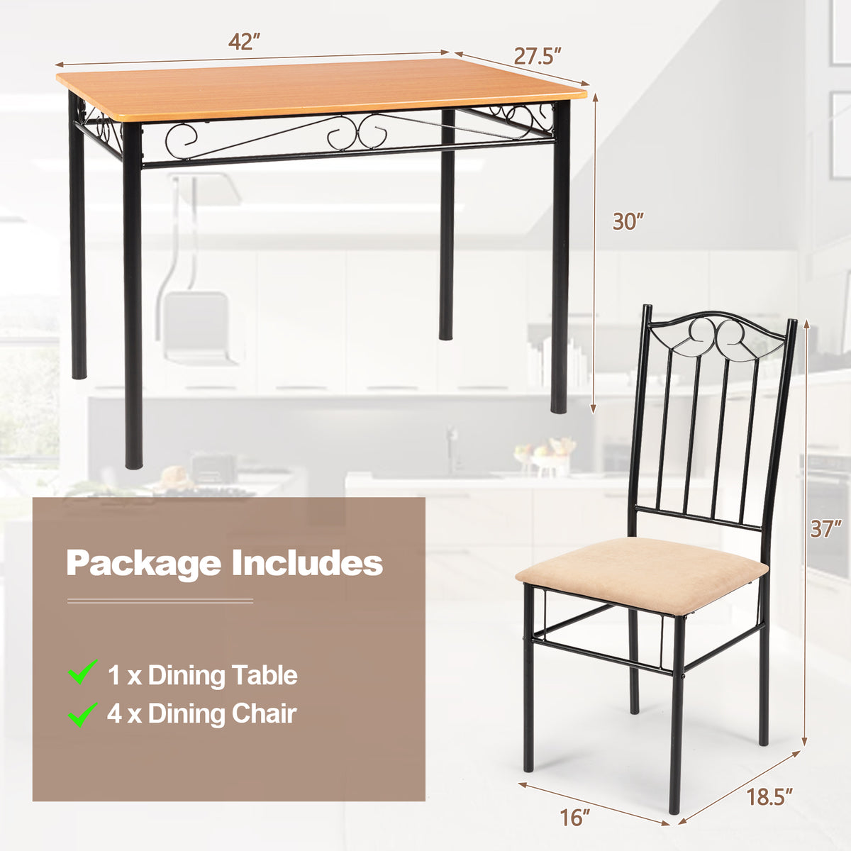 5-Piece Dining Set with Table and 4 Cushioned Chairs