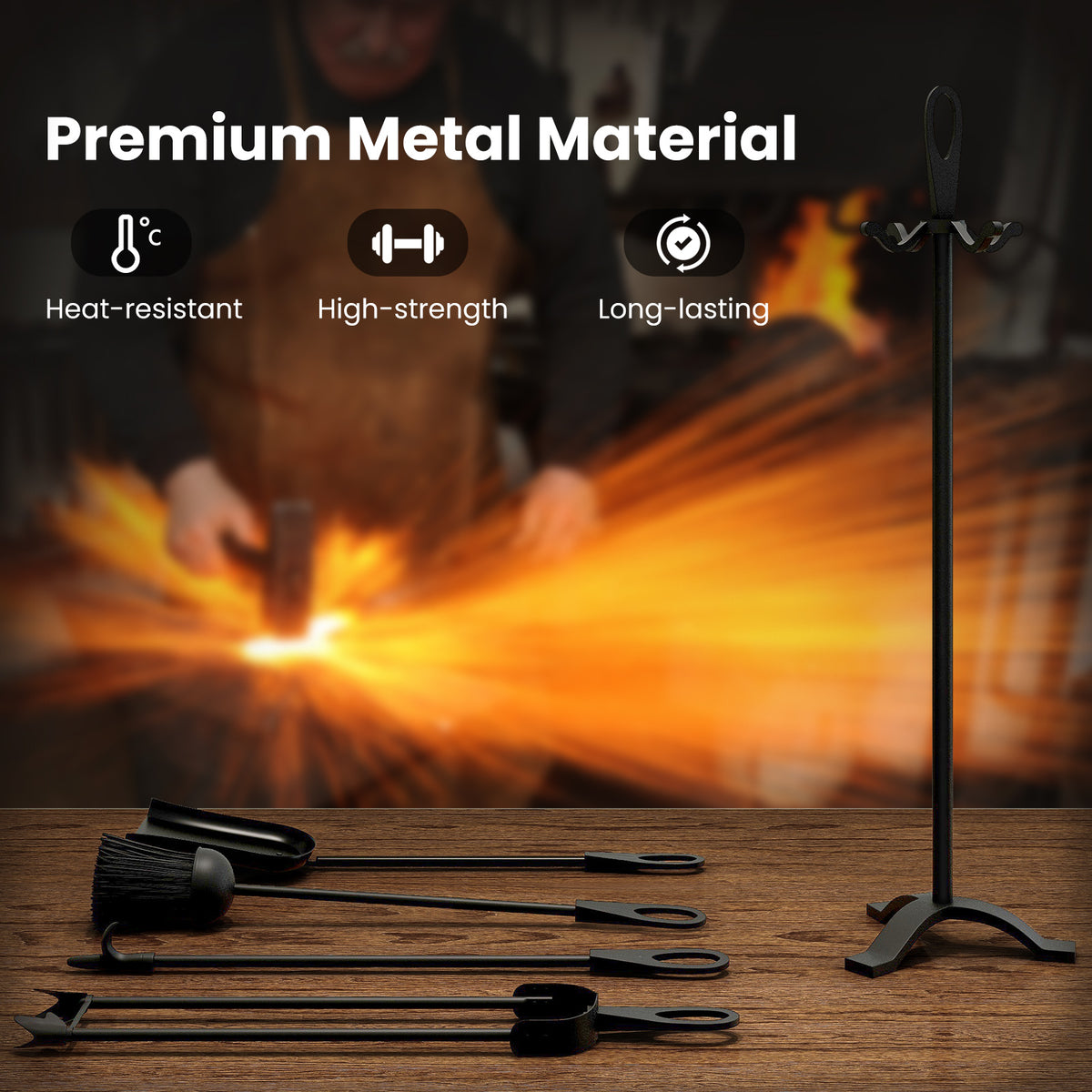 5 Pieces Fireplace Tool Set Accessories with Poker