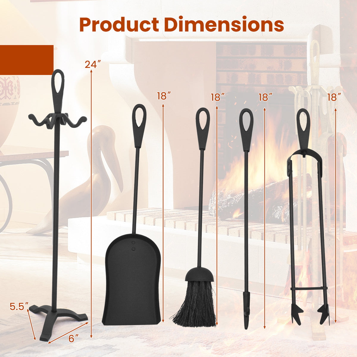 5 Pieces Fireplace Tool Set Accessories with Poker