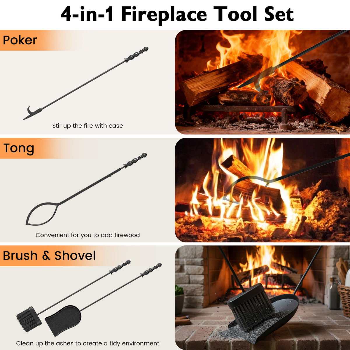 5-Piece Fireplace Tool Set with Stand
