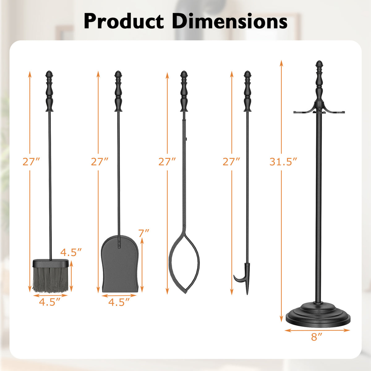 5-Piece Fireplace Tool Set with Stand