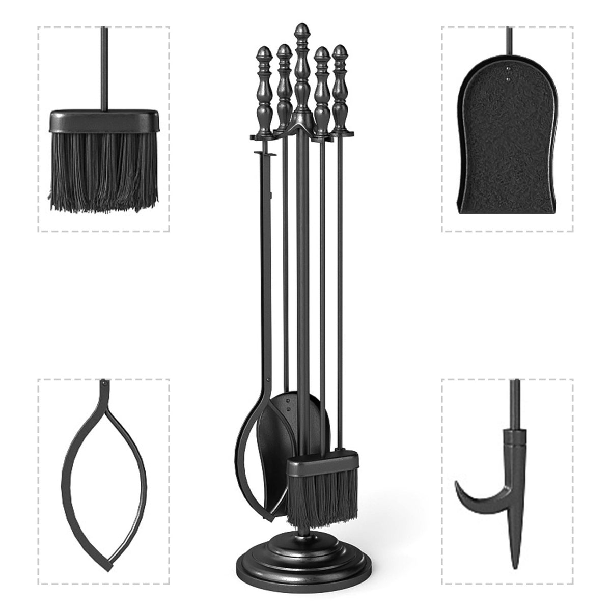 5-Pieces Fireplace Tool Set with Poker Tongs Brush Shovel and Round