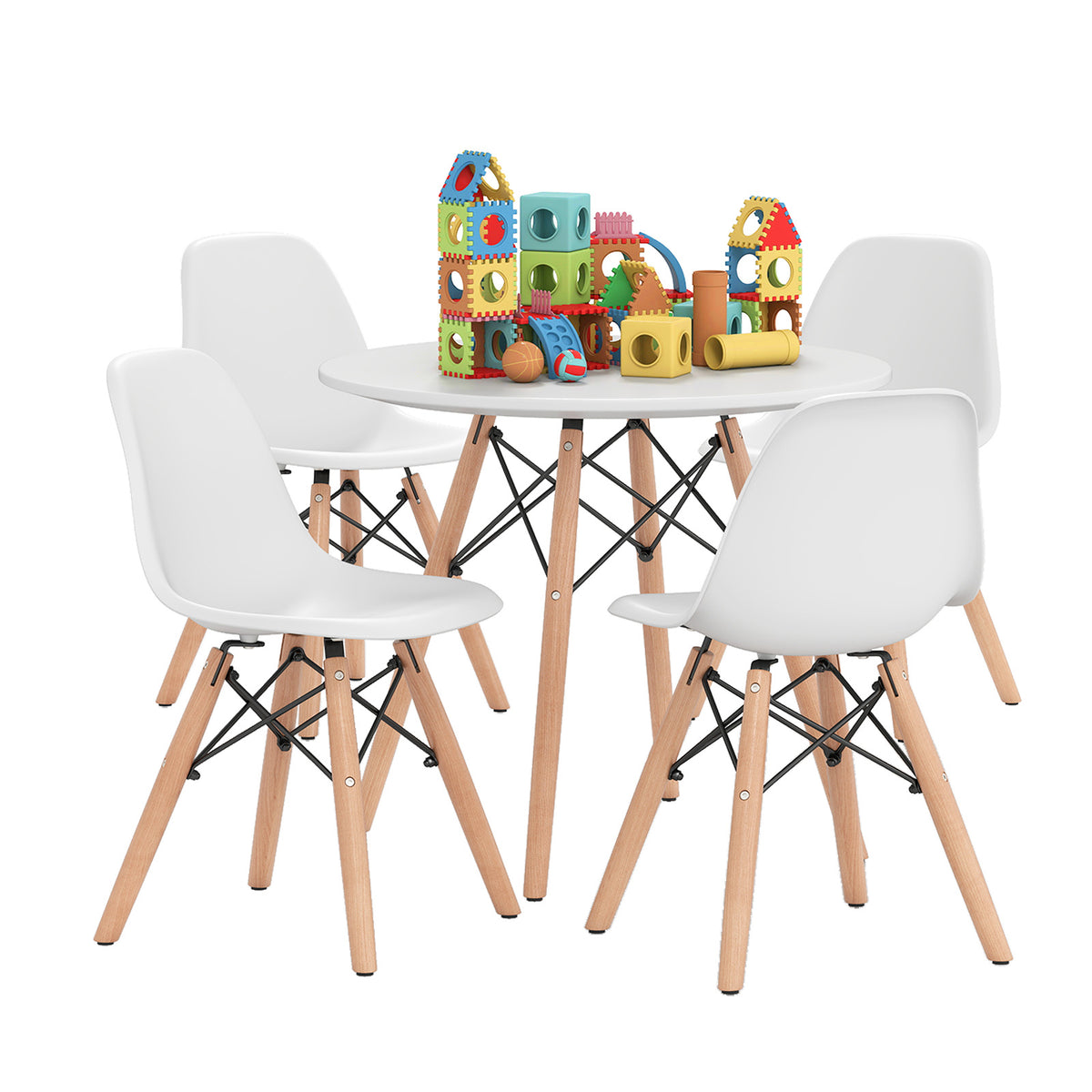 Kids' Colorful Table and Chairs Set with 4 Armless Chairs and White Table - Childrens Play & Study Furniture
