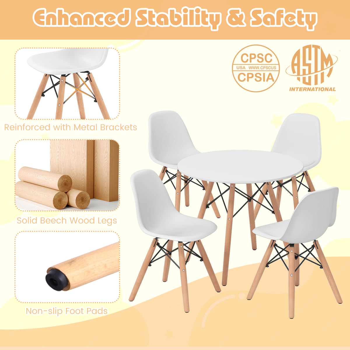 Kids' Colorful Table and Chairs Set with 4 Armless Chairs and White Table - Childrens Play & Study Furniture