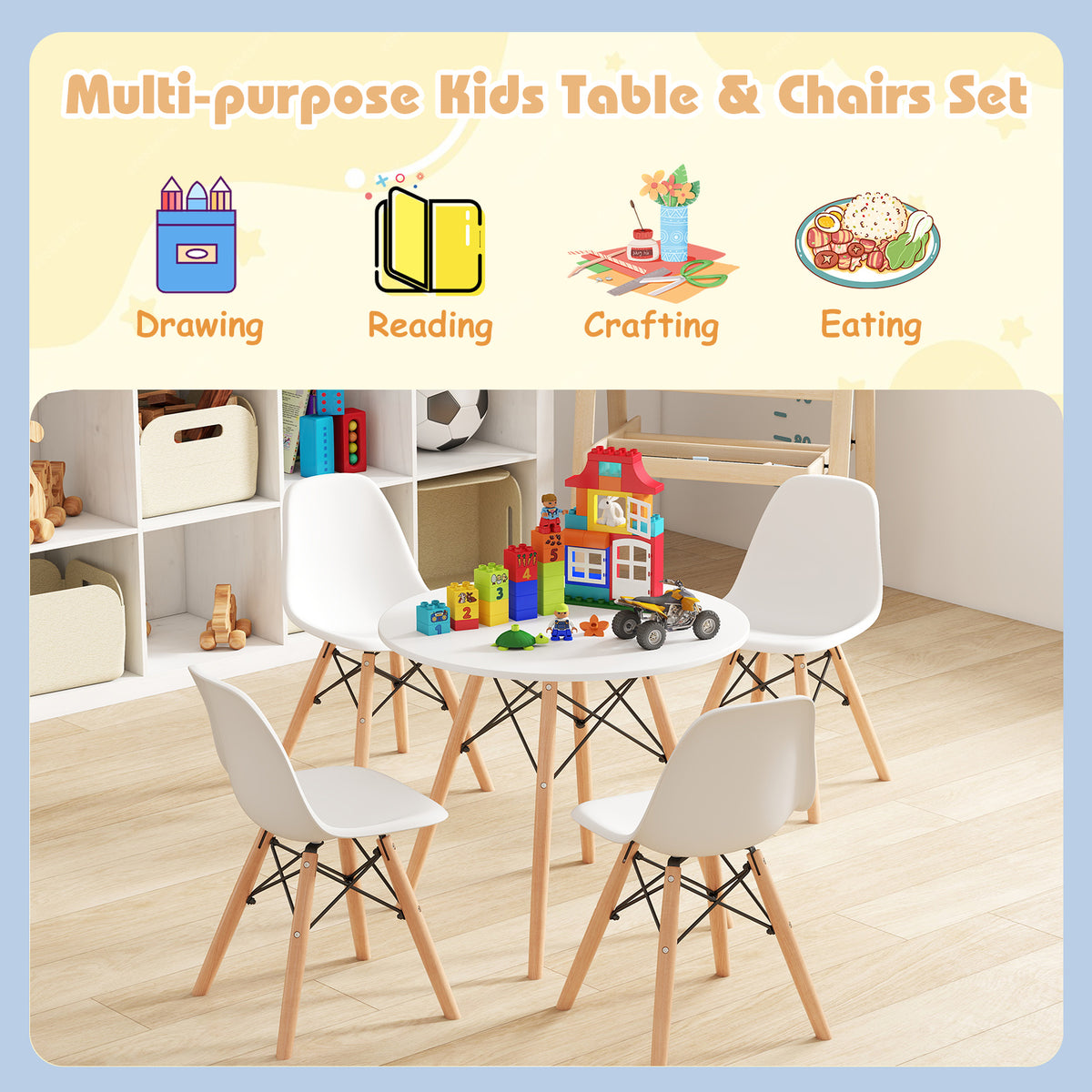 Kids' Colorful Table and Chairs Set with 4 Armless Chairs and White Table - Childrens Play & Study Furniture