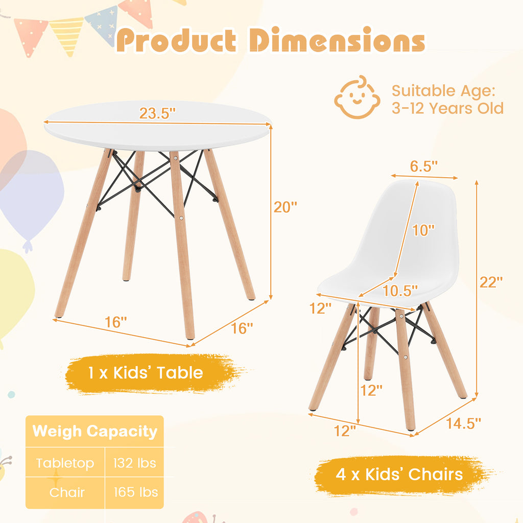 Kids' Colorful Table and Chairs Set with 4 Armless Chairs and White Table - Childrens Play & Study Furniture