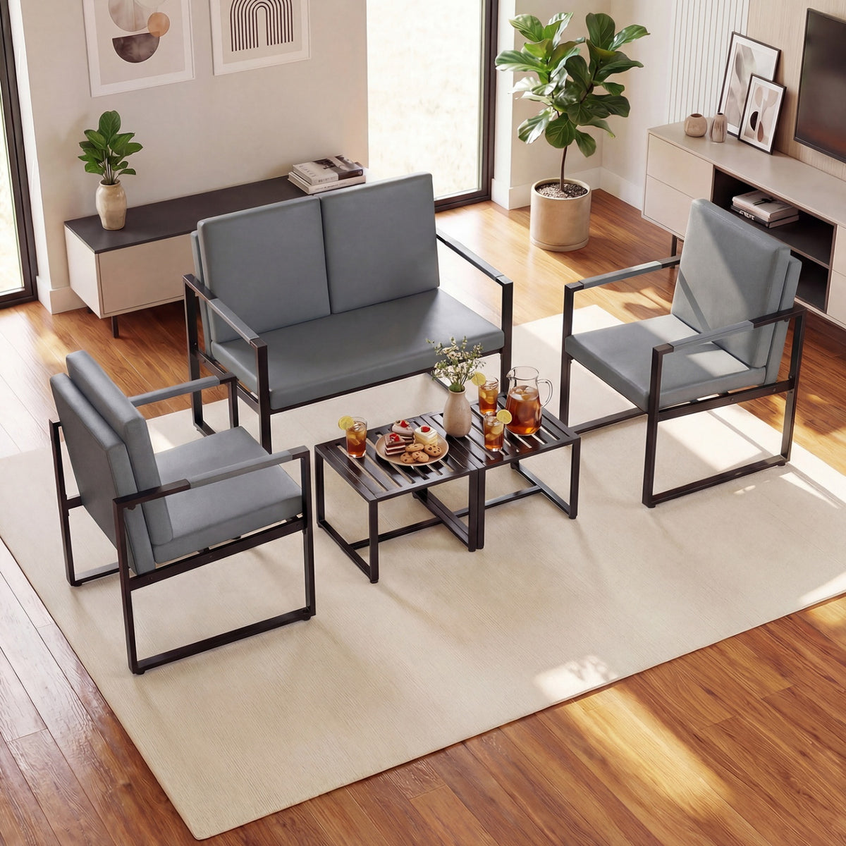 5-Piece Living Room Set with Sofa & Coffee Tables - Black & Gray