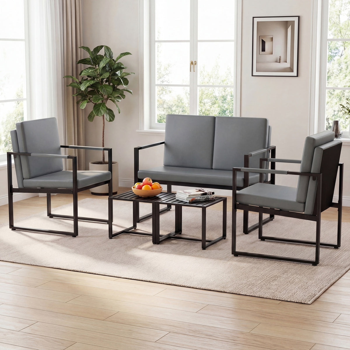 5-Piece Living Room Set with Sofa & Coffee Tables - Black & Gray