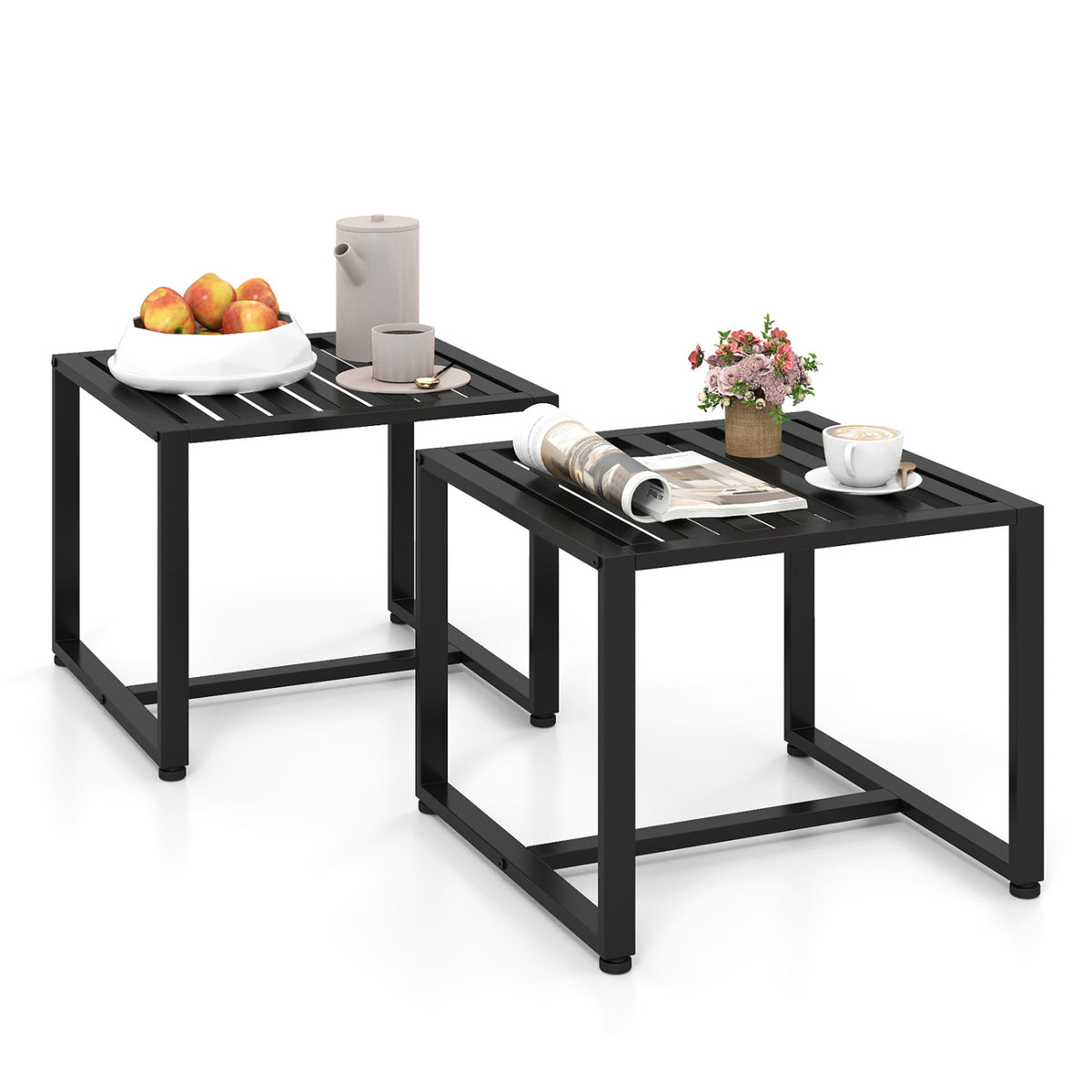 Metal End Table with Slatted Top, Black - Set of 2