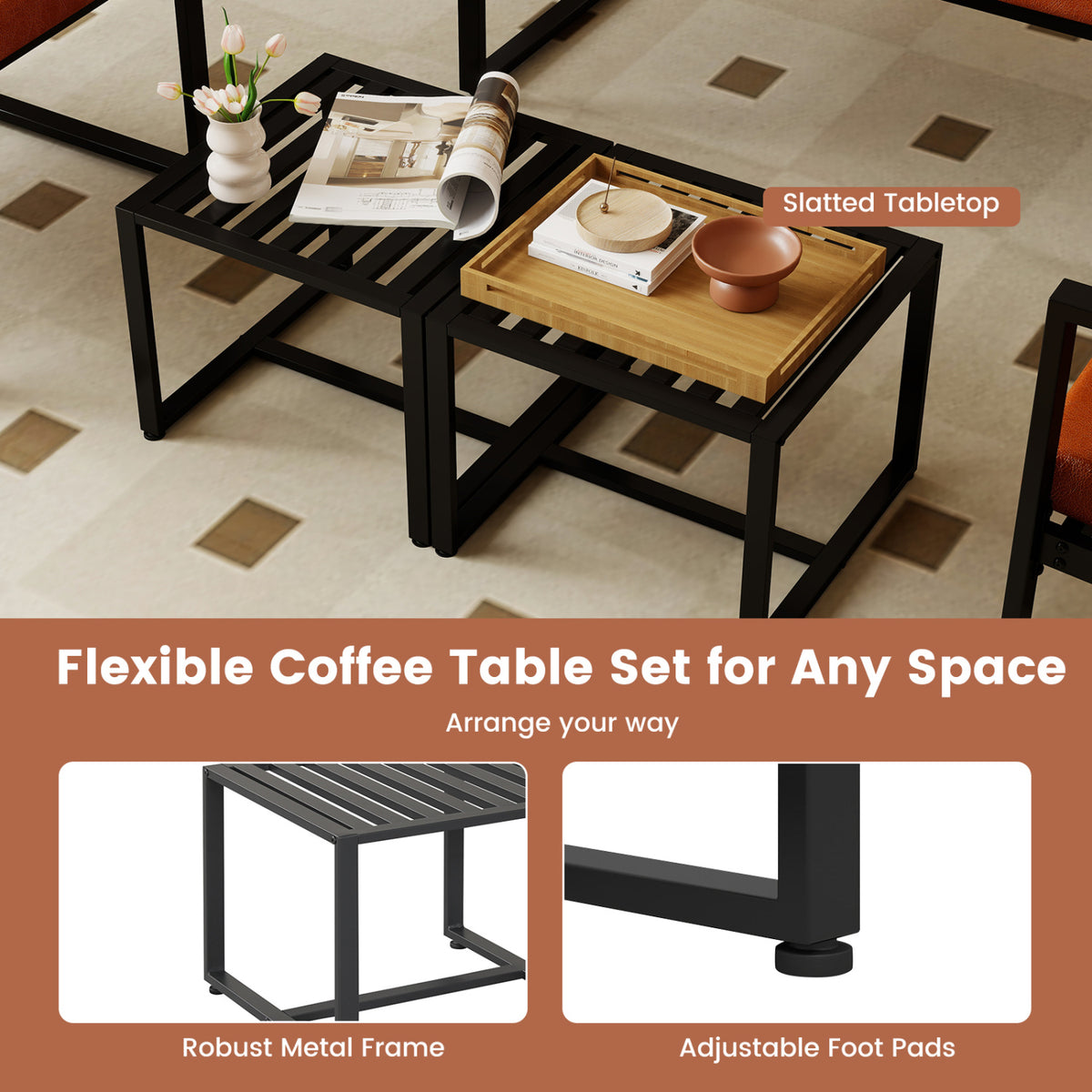 Metal End Table with Slatted Top, Black - Set of 2