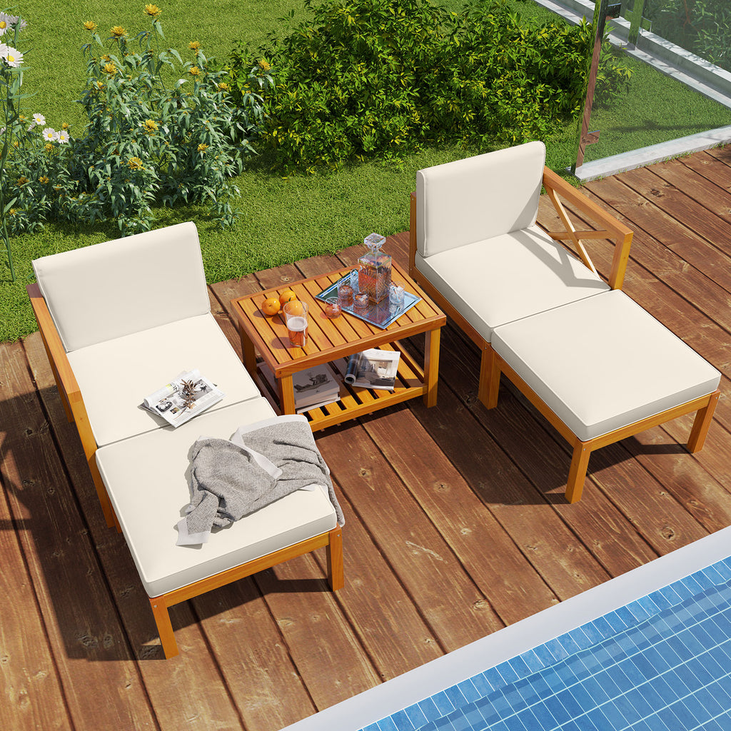5-Piece Acacia Wood Patio Lounge Chair Set with Ottomans - White