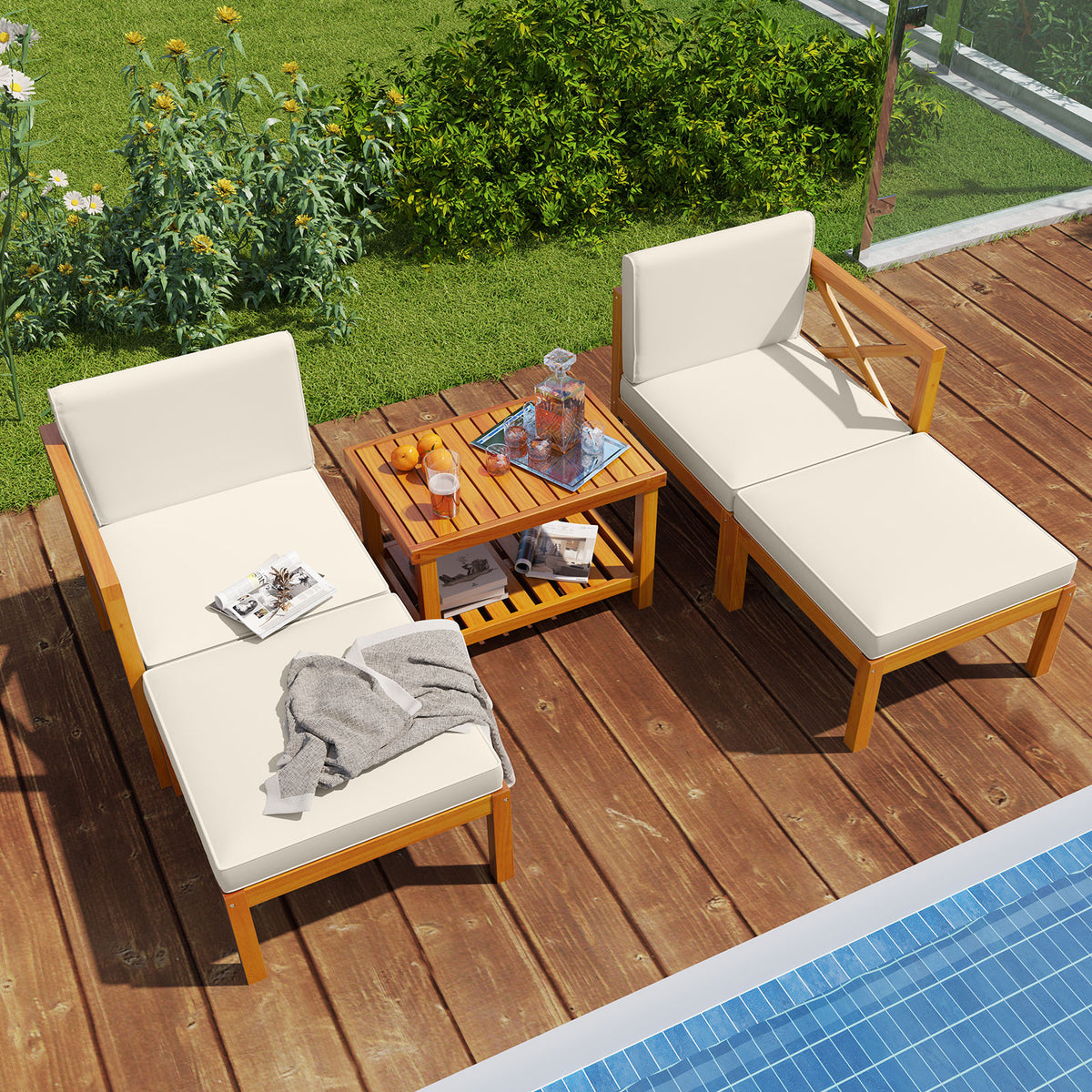 5-Piece Acacia Wood Patio Lounge Chair Set with Ottomans - White