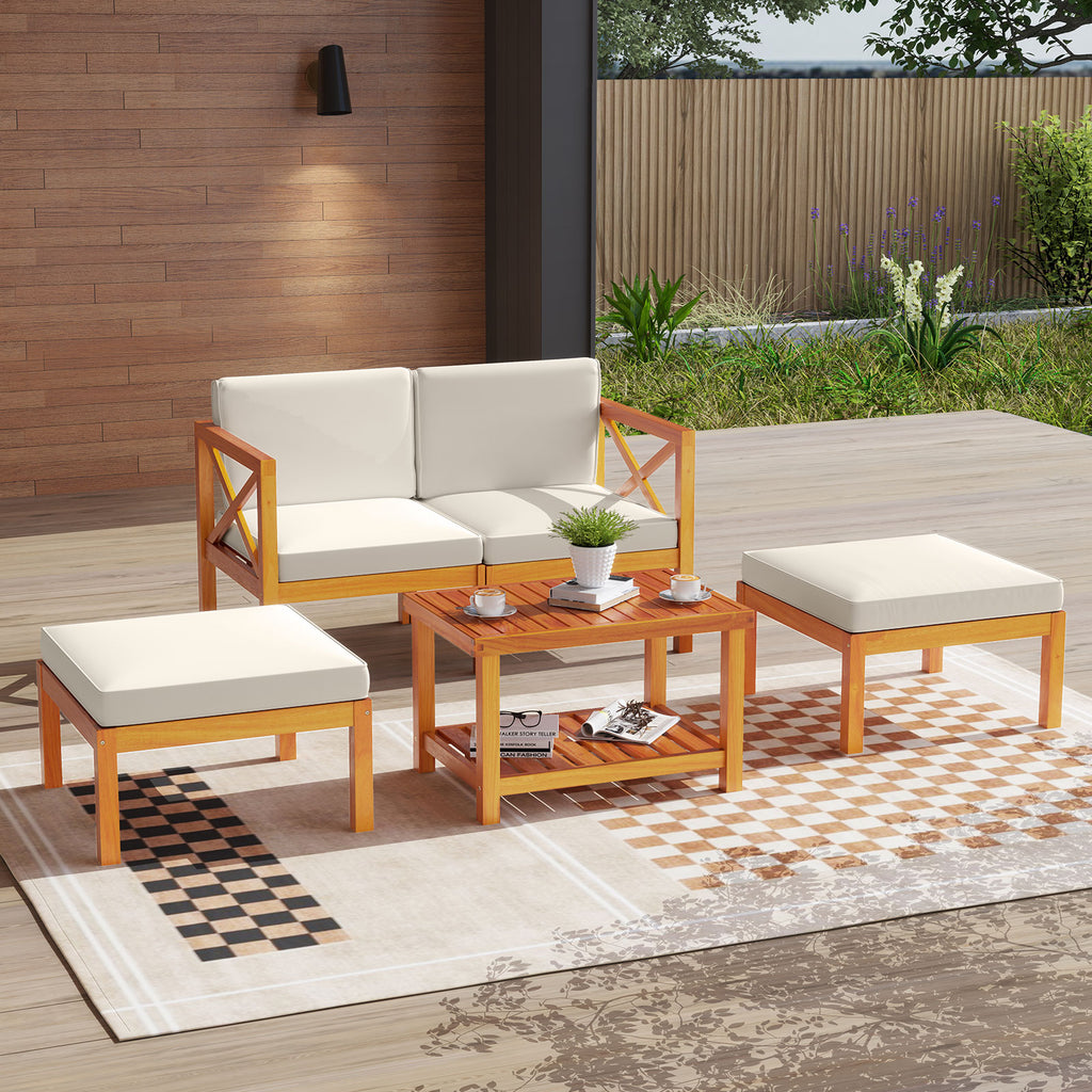 5 Pieces Acacia Wood Patio Lounge Chair Set with Ottomans and Cushions