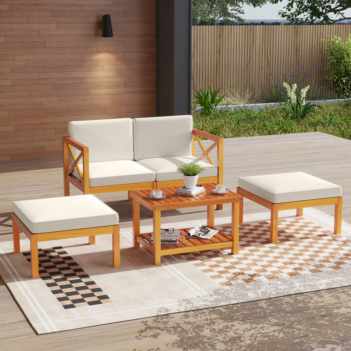 5 Pieces Acacia Wood Patio Lounge Chair Set with Ottomans and Cushions