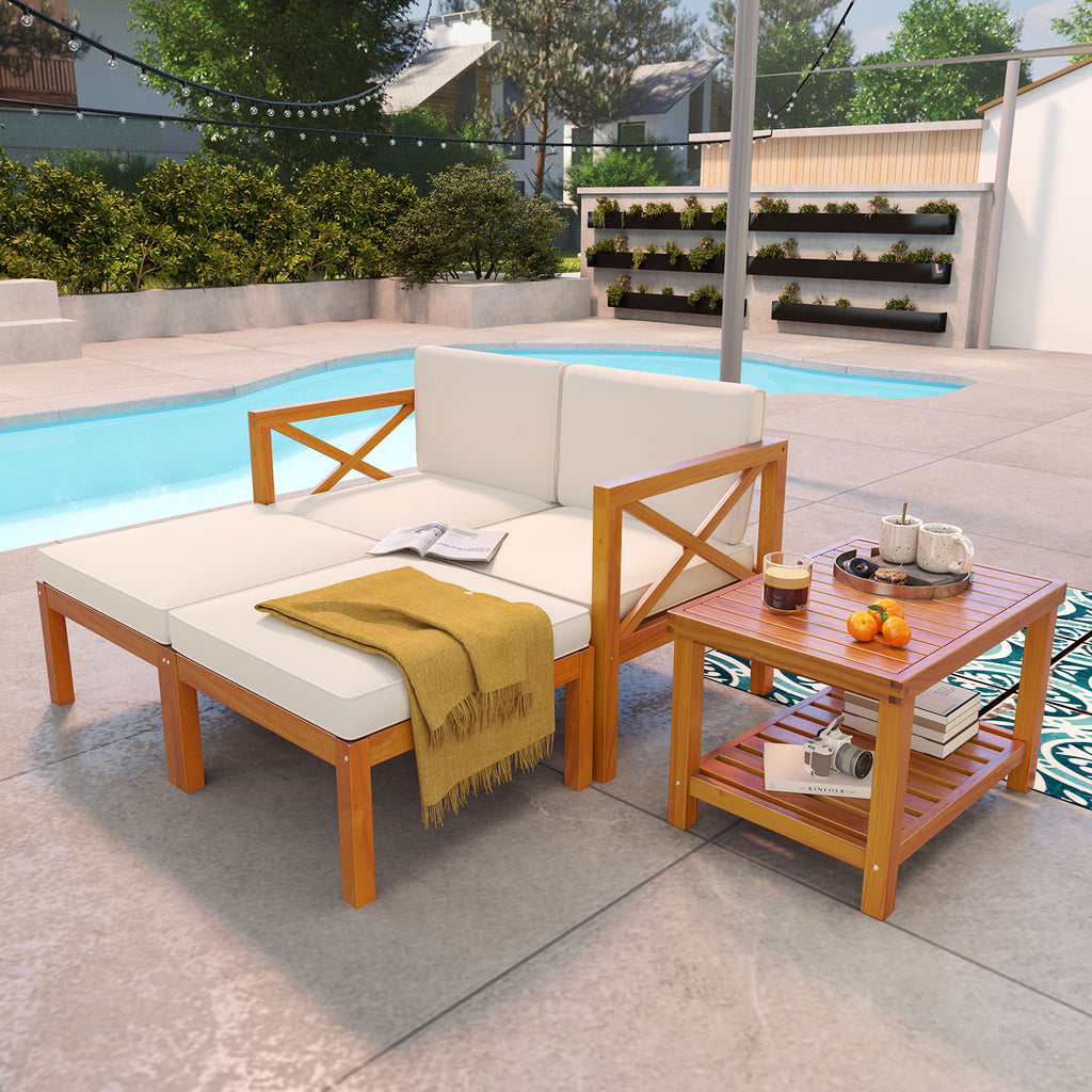 5-Piece Acacia Wood Patio Lounge Chair Set with Ottomans - White