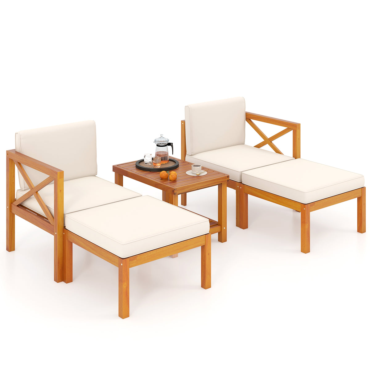 5-Piece Acacia Wood Patio Lounge Chair Set with Ottomans - White