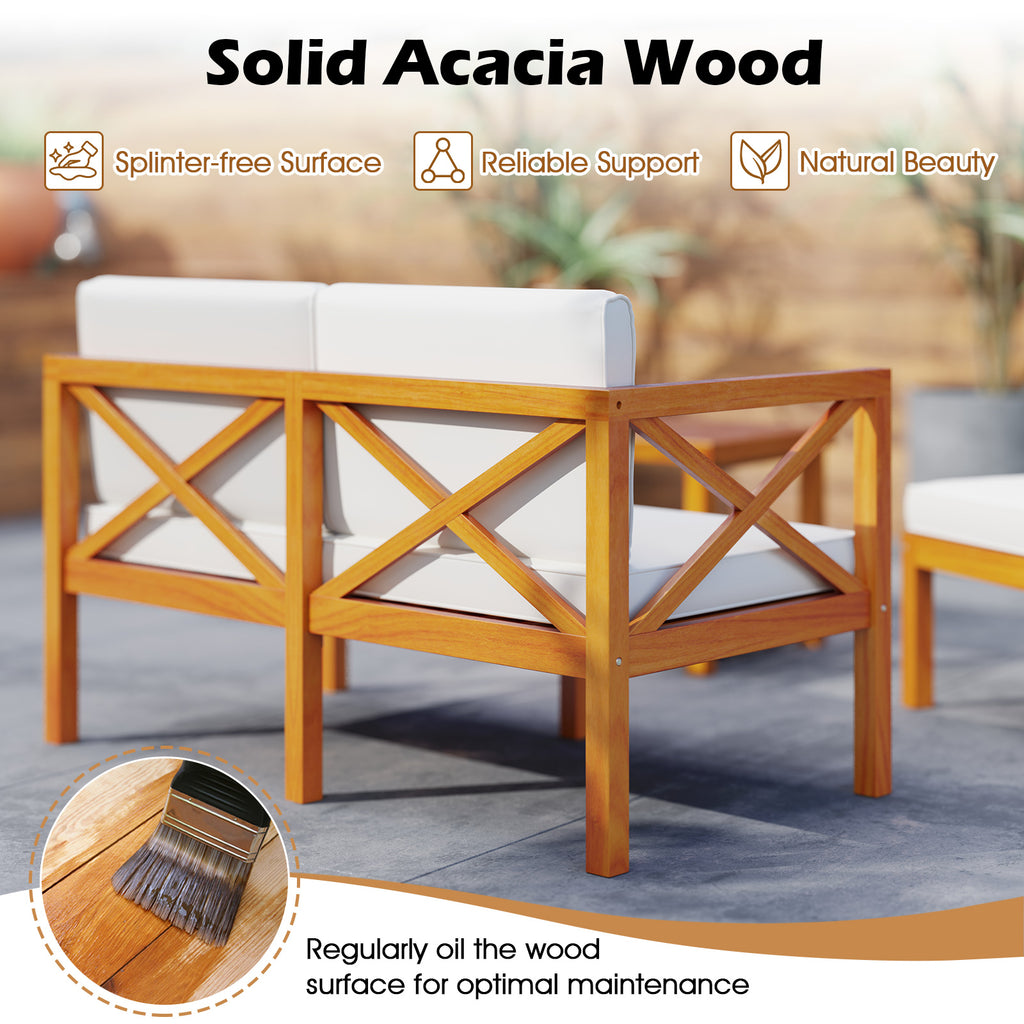 5-Piece Acacia Wood Patio Lounge Chair Set with Ottomans - White