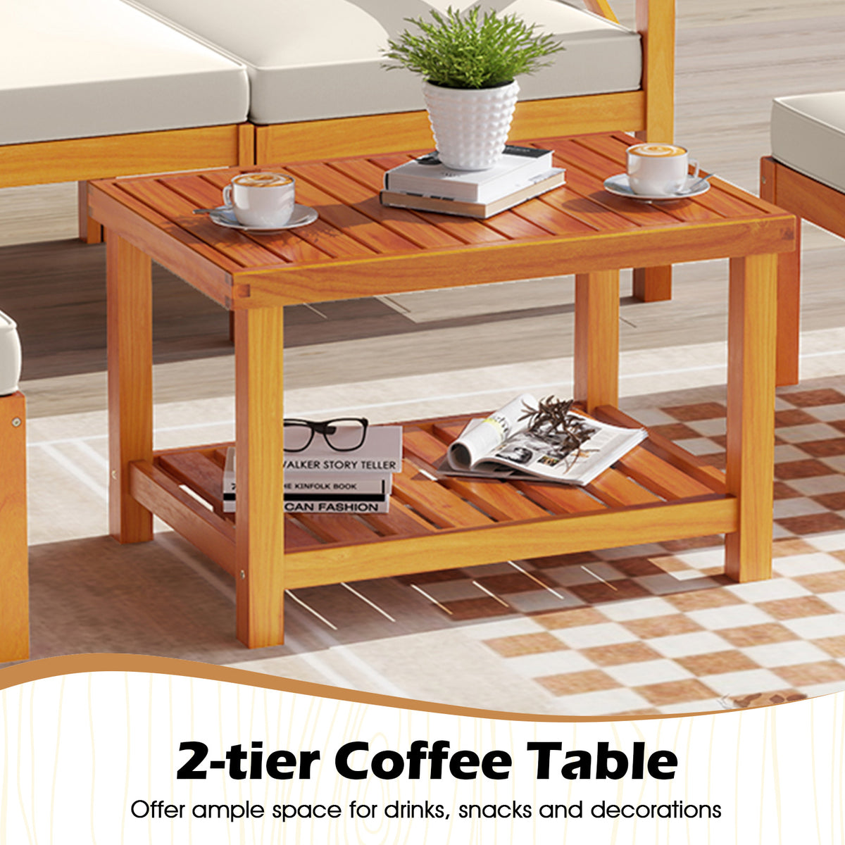 5-Piece Acacia Wood Patio Lounge Chair Set with Ottomans - White