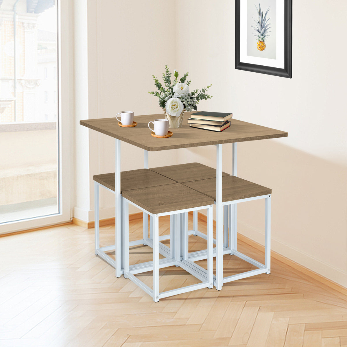 Metal Frame Dining Set with 4 Stools - Natural