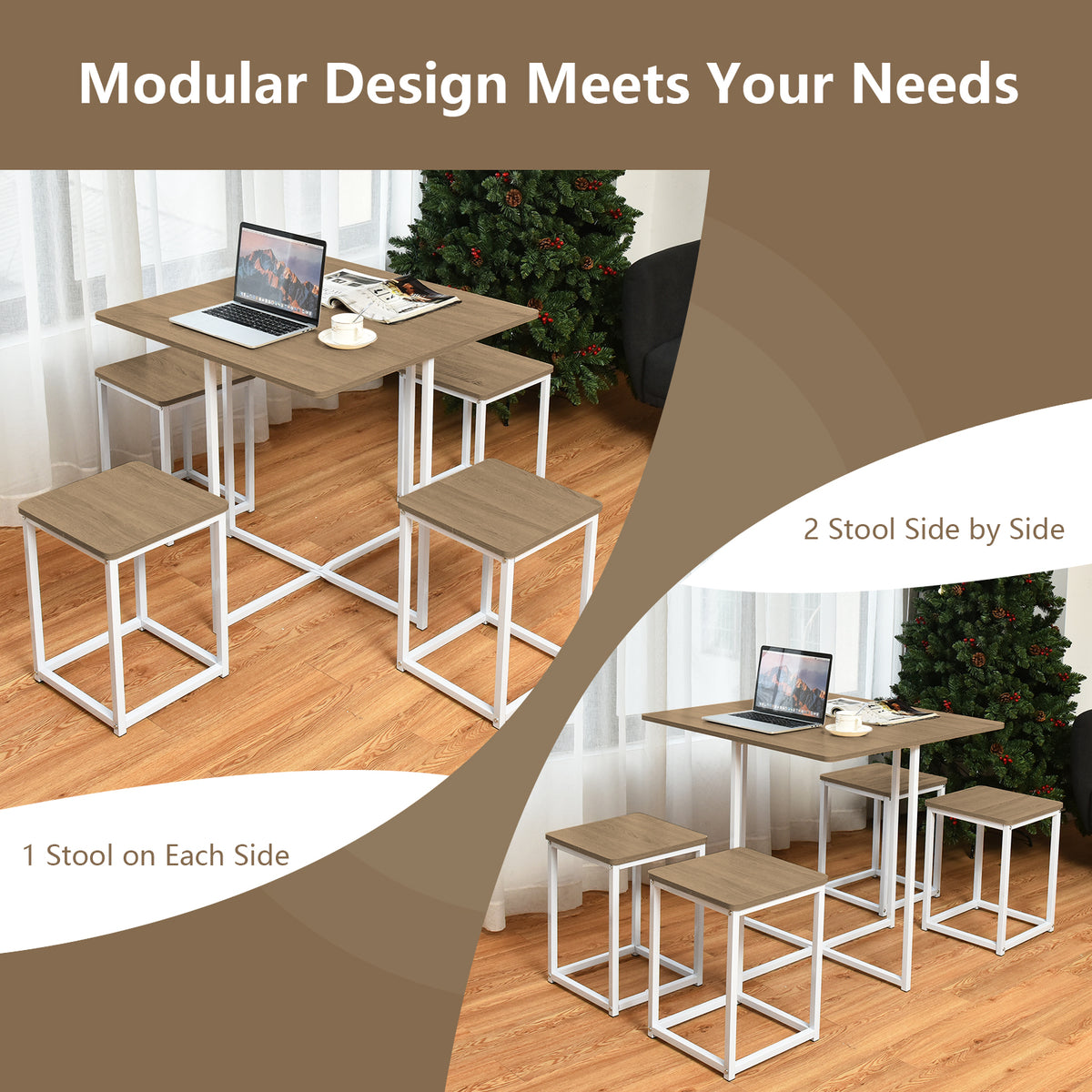 Metal Frame Dining Set with 4 Stools - Natural