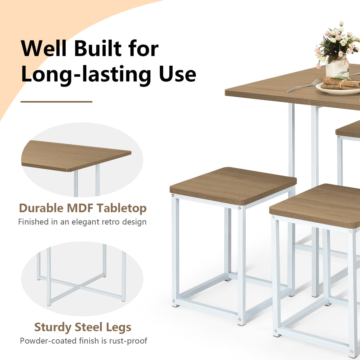 Metal Frame Dining Set with 4 Stools - Natural