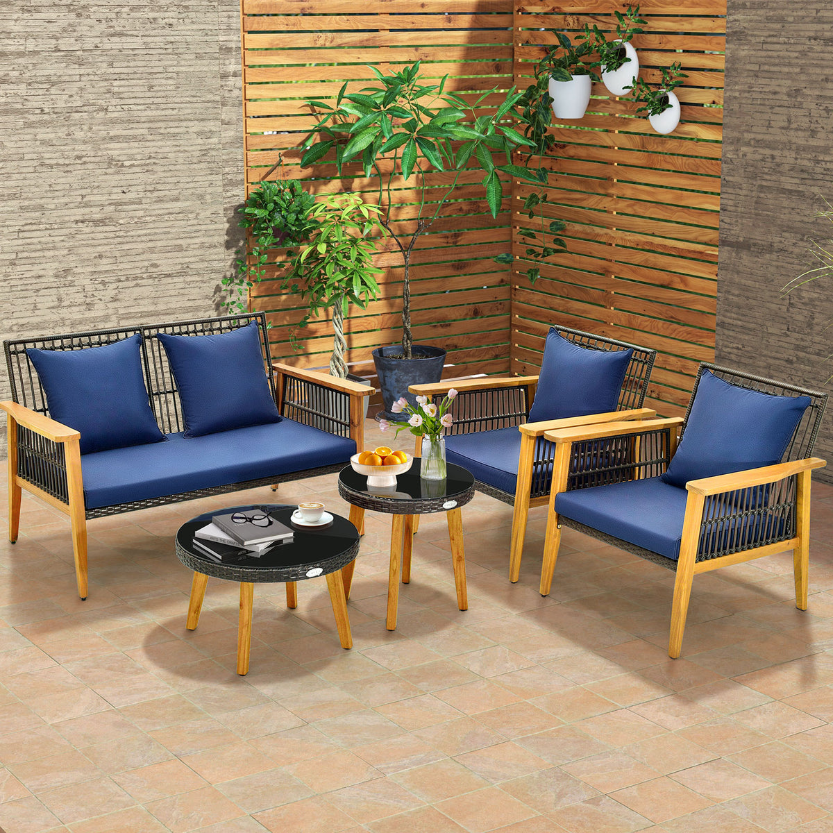 5-Piece Outdoor Conversation Set with 2 Coffee Tables - Navy