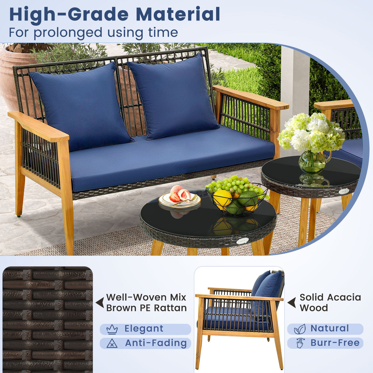 5-Piece Outdoor Conversation Set with 2 Coffee Tables - Navy