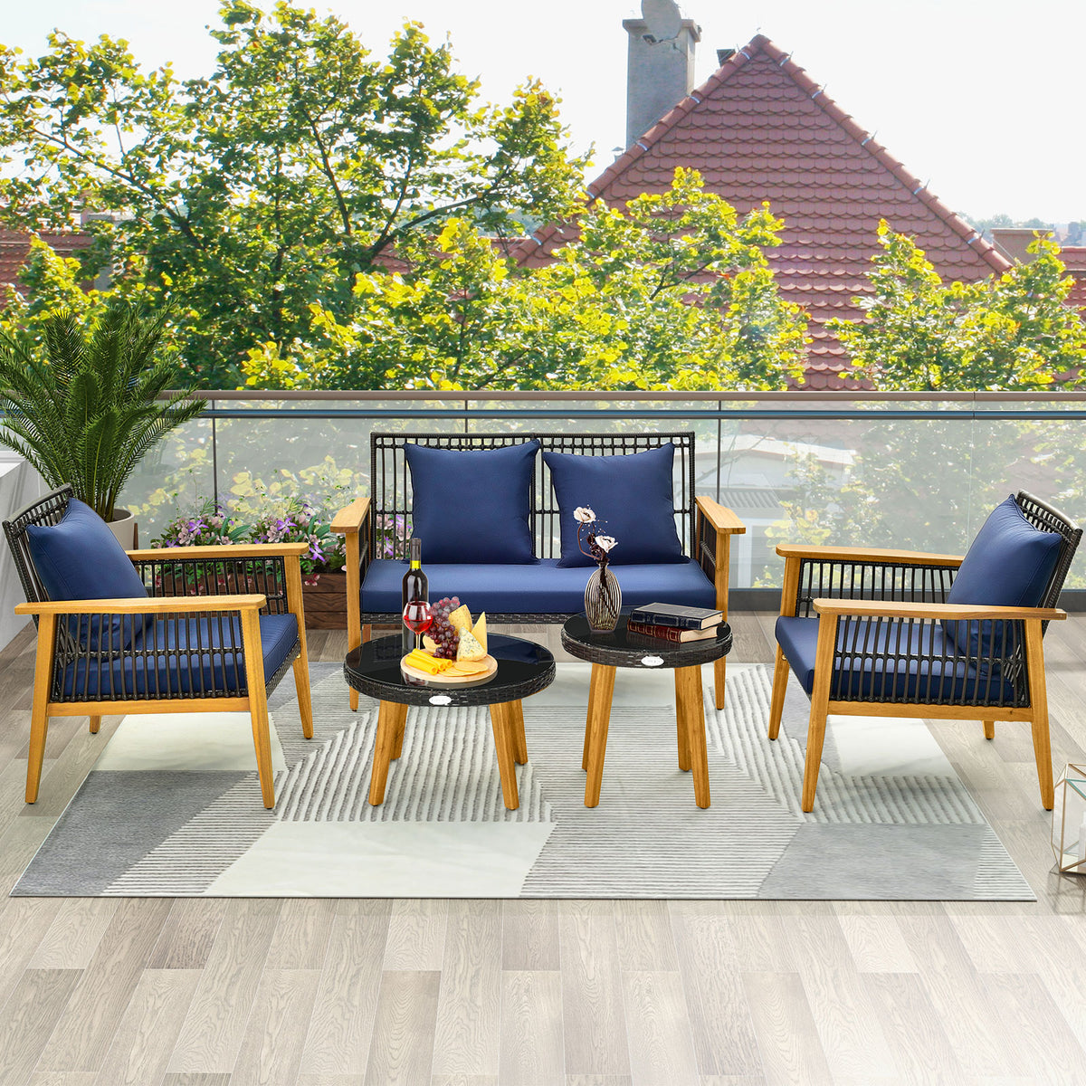 5-Piece Outdoor Conversation Set with 2 Coffee Tables - Navy