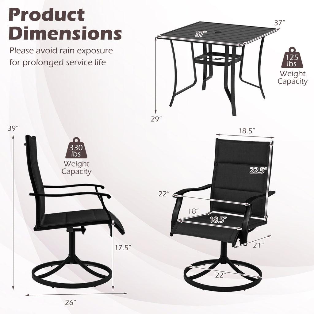 5 Pieces Outdoor Dining Set with 4 Swivel Chairs and 36 Inch Square