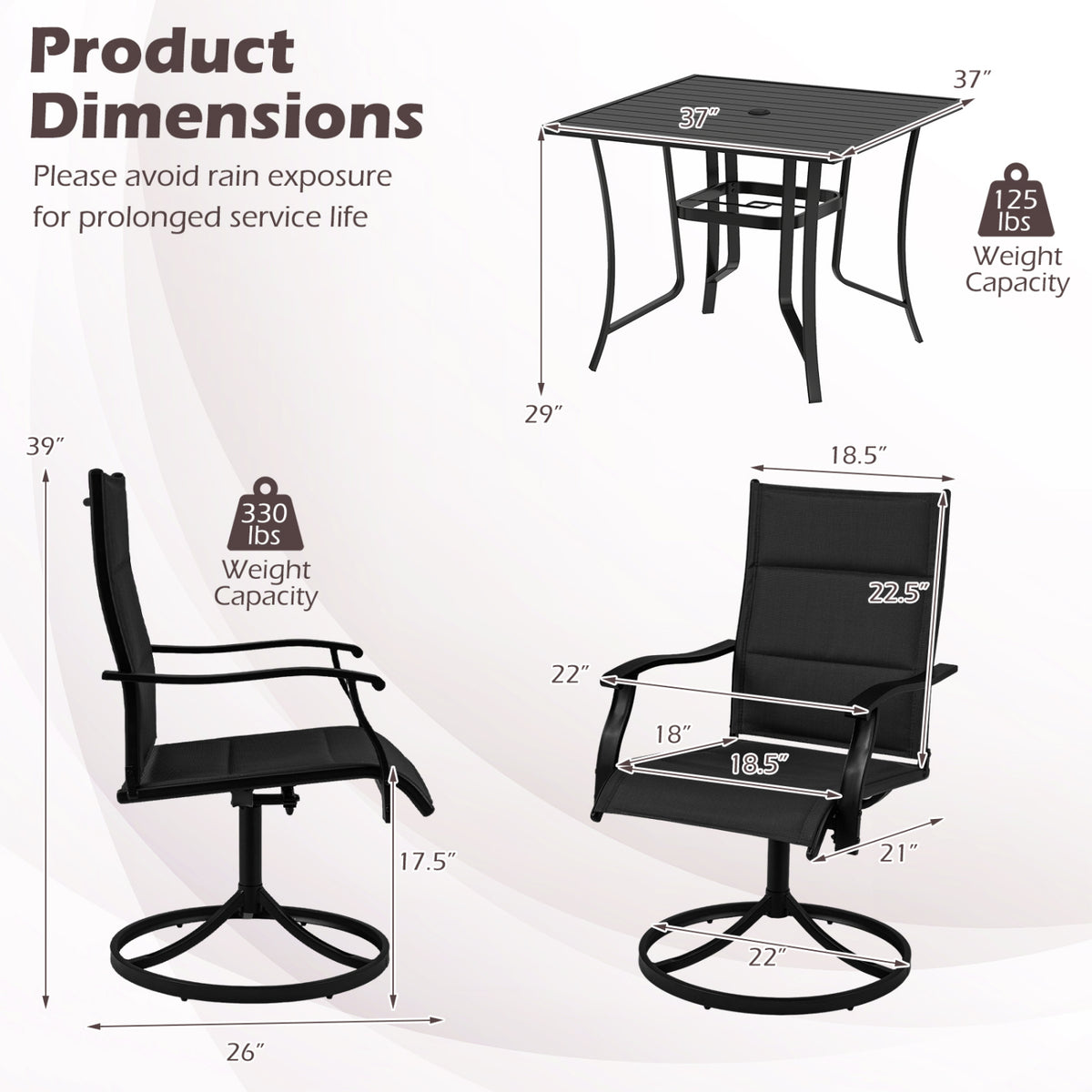 5 Pieces Outdoor Dining Set with 4 Swivel Chairs and 36 Inch Square
