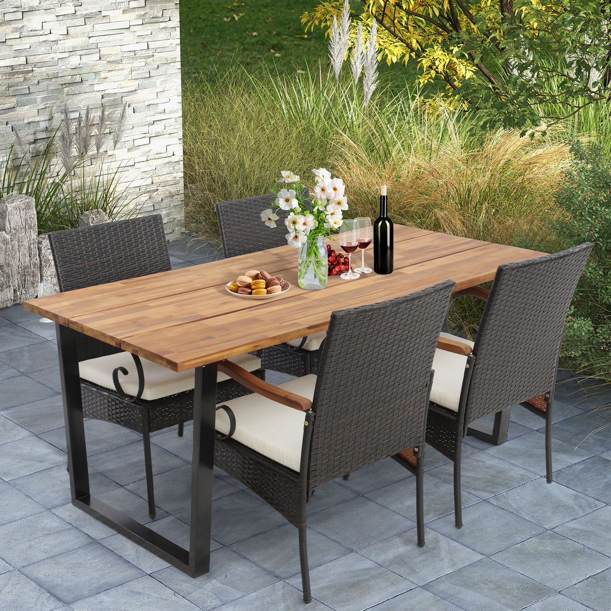 5 Pieces Patio Rattan Dining Set with Umbrella Hole for Poolside